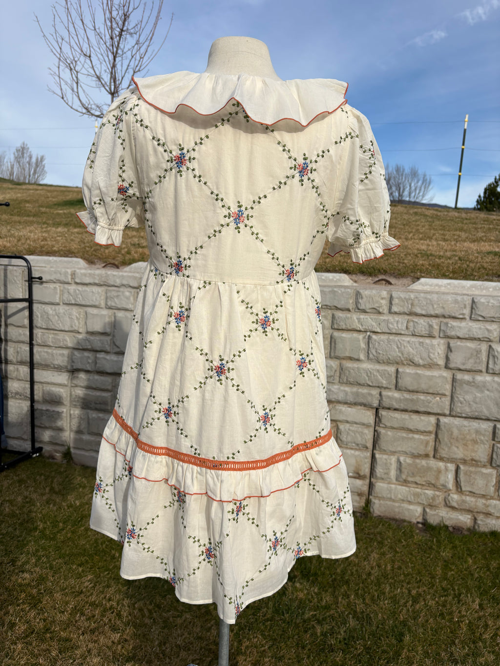 Embroidered Ruffle Collar Cotton Dress