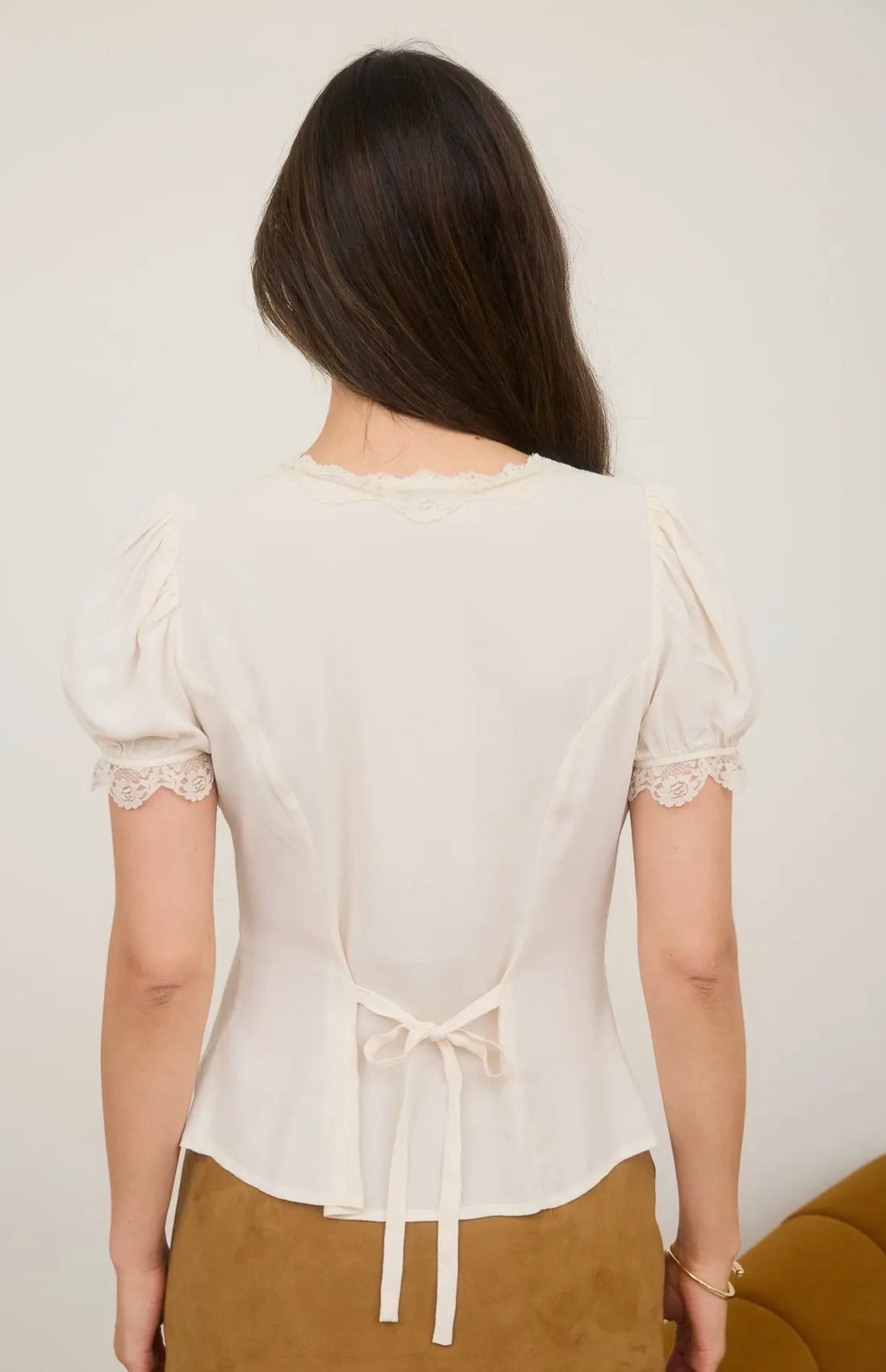 LACE TRIM BUTTON DOWN PUFF SLEEVE BLOUSE
