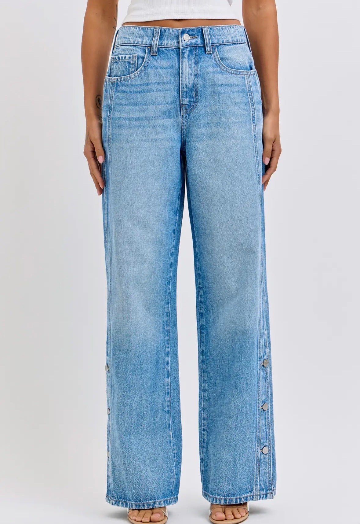 High Rise Wide Leg Jeans with Side Buttons