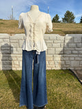LACE TRIM BUTTON DOWN PUFF SLEEVE BLOUSE