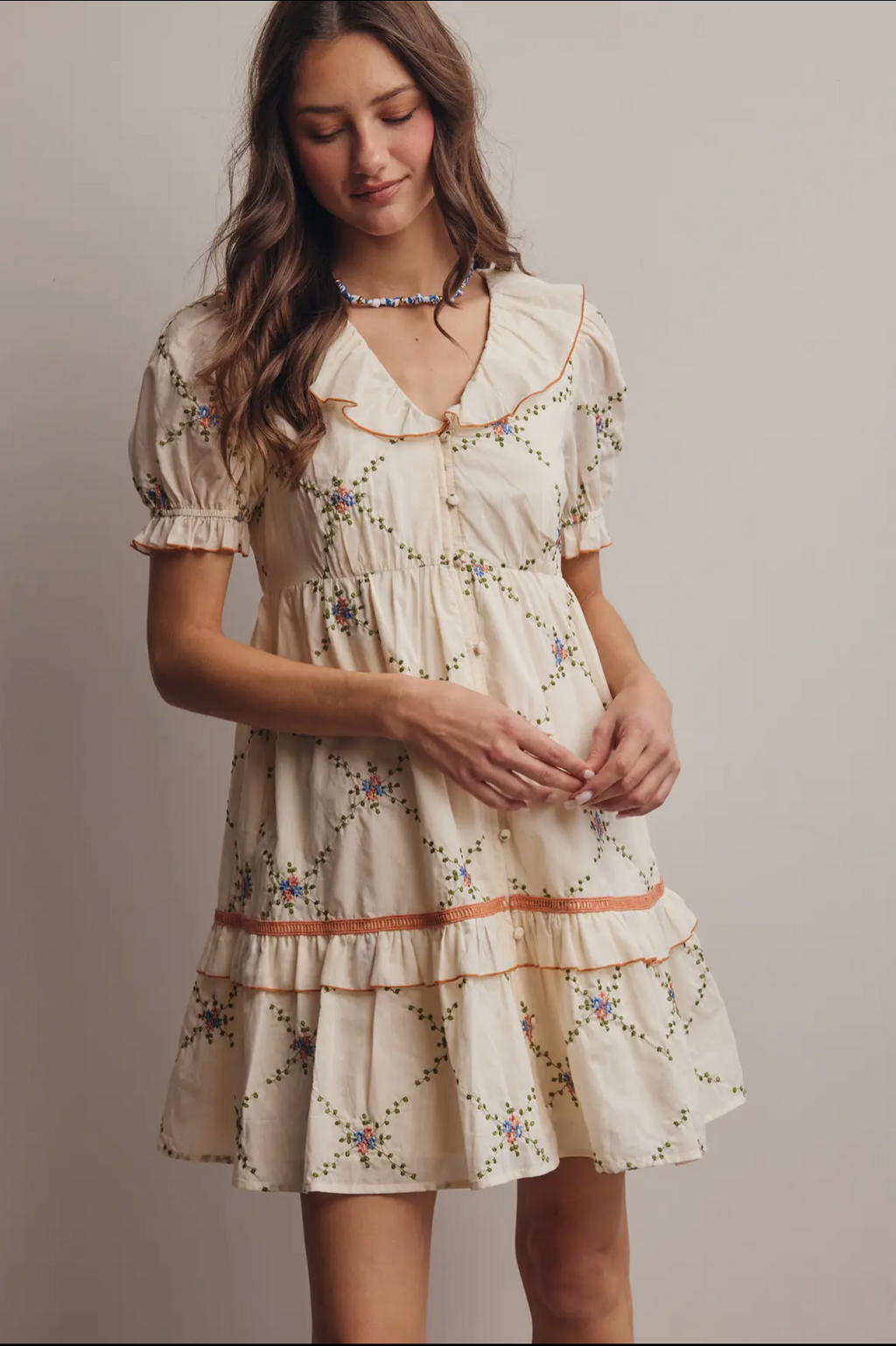 Embroidered Ruffle Collar Cotton Dress