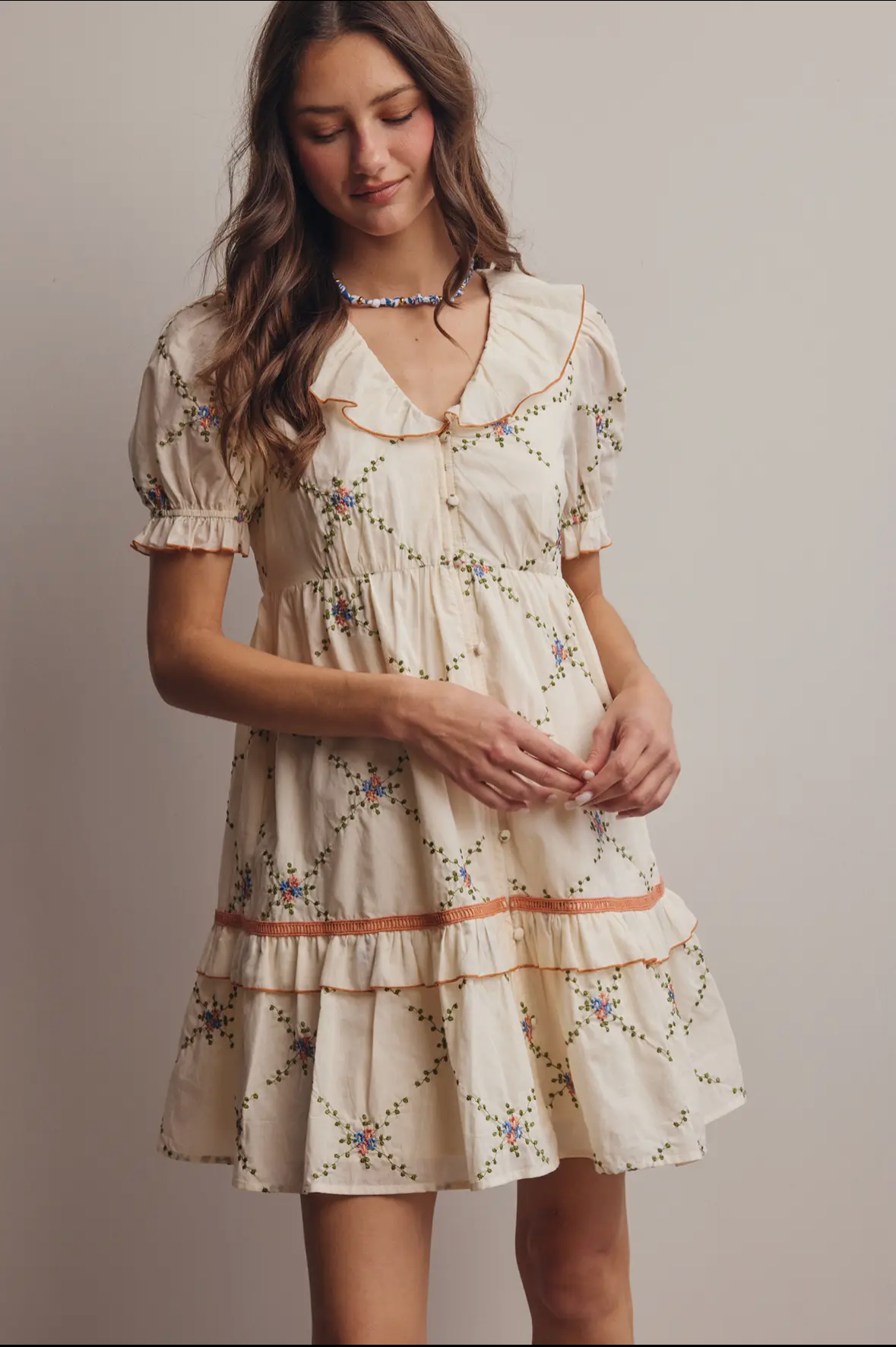 Embroidered Ruffle Collar Cotton Dress
