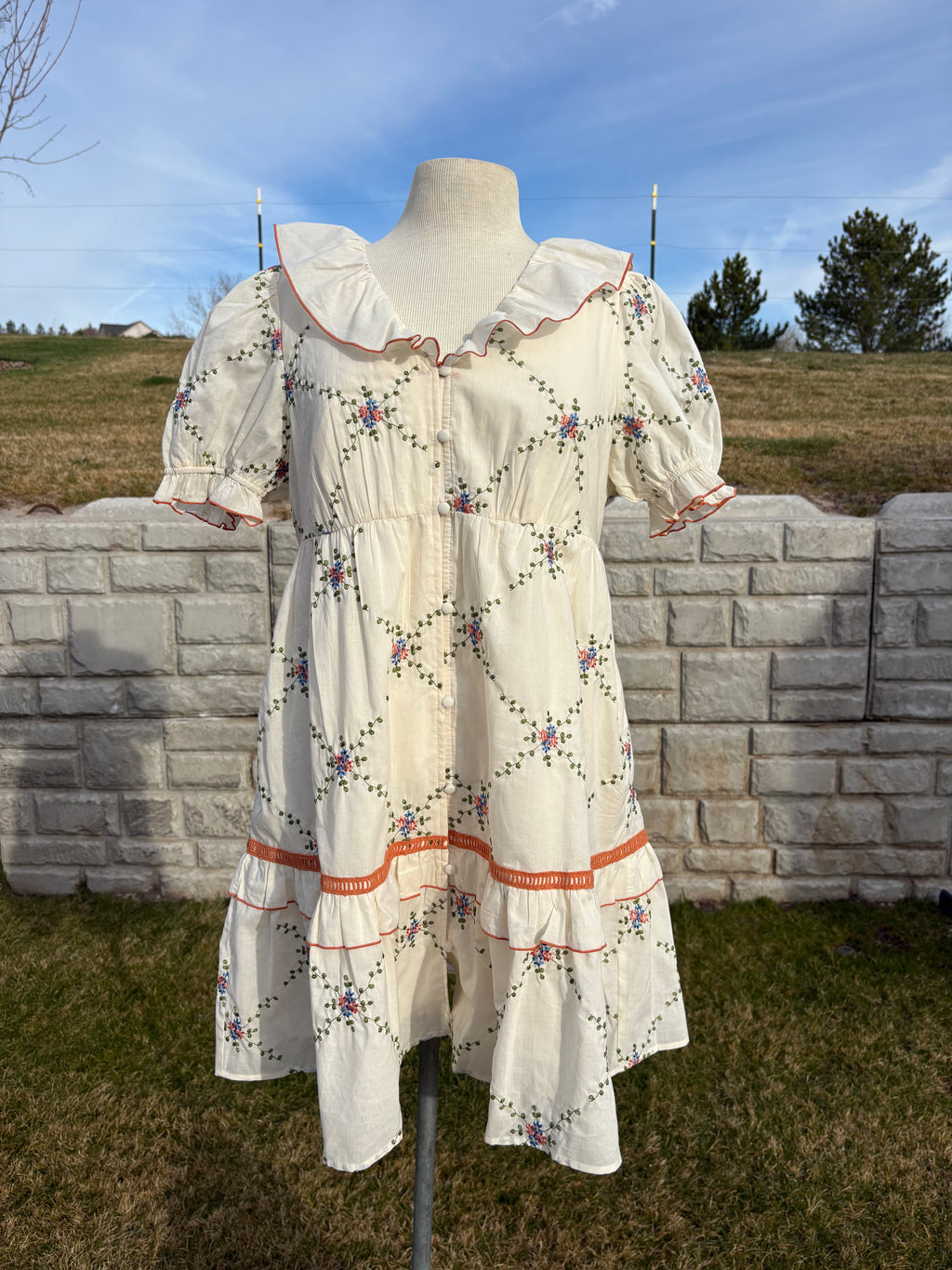 Embroidered Ruffle Collar Cotton Dress