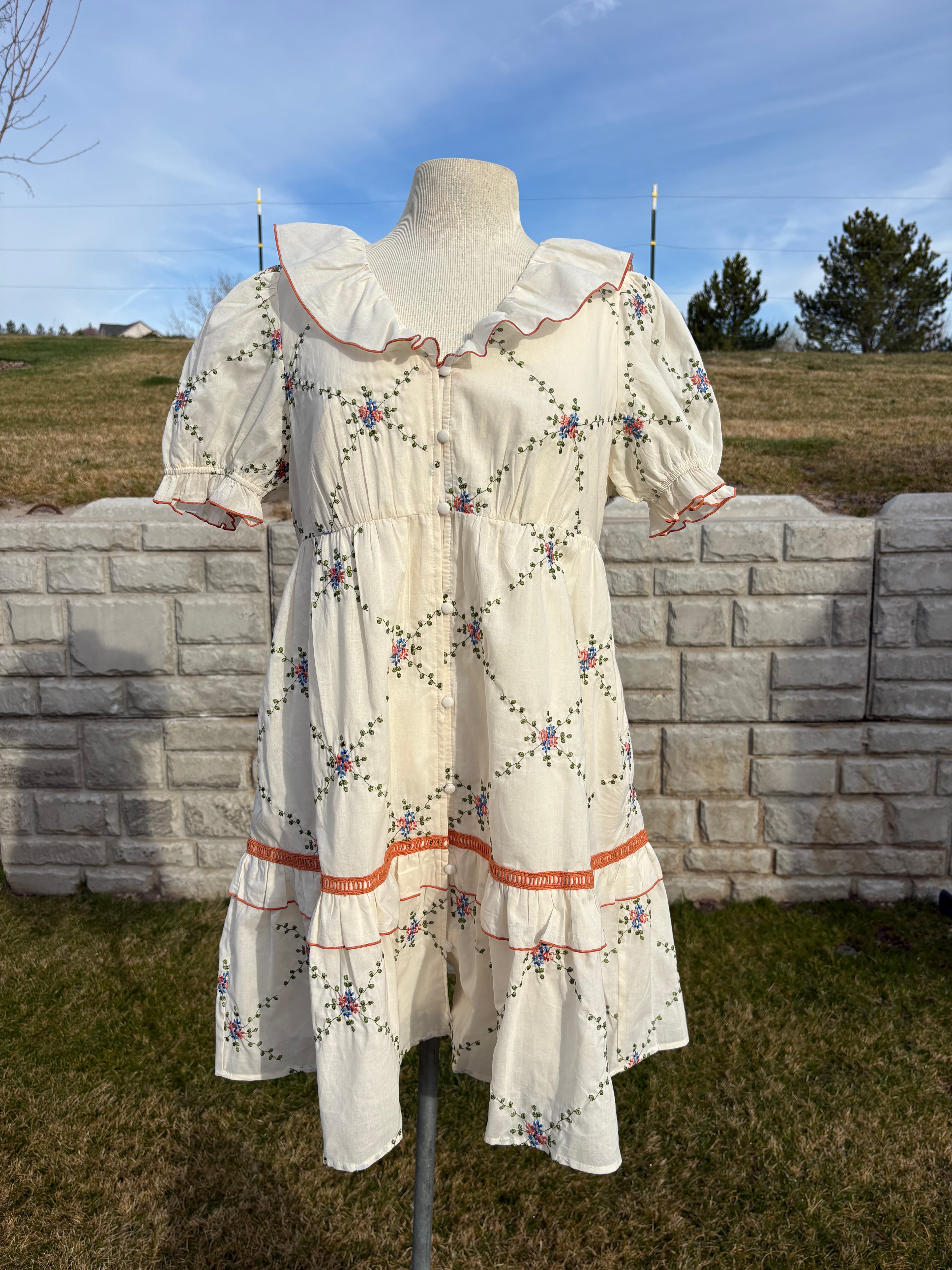 Embroidered Ruffle Collar Cotton Dress