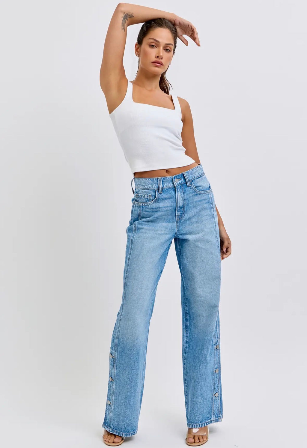High Rise Wide Leg Jeans with Side Buttons