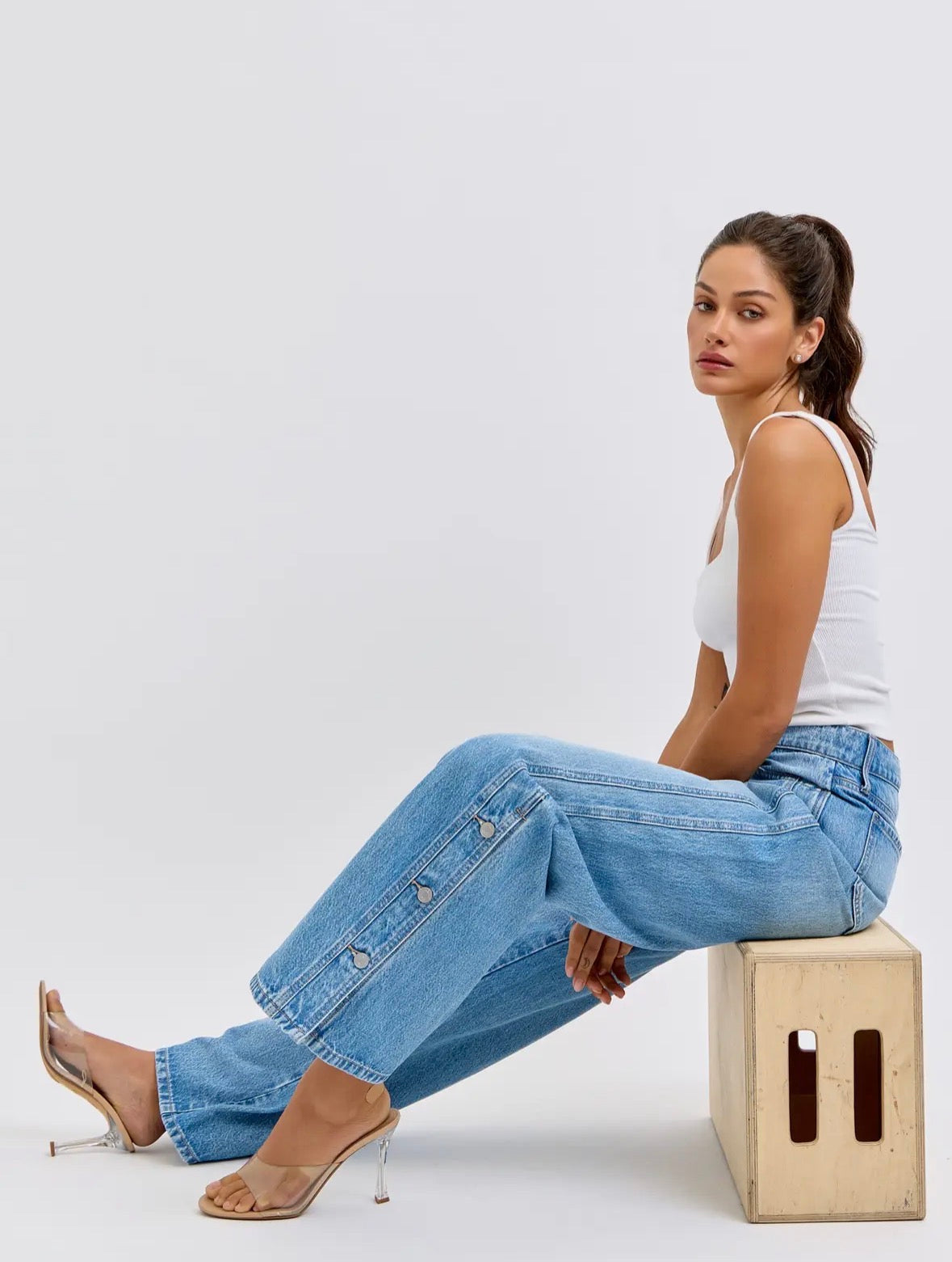 High Rise Wide Leg Jeans with Side Buttons