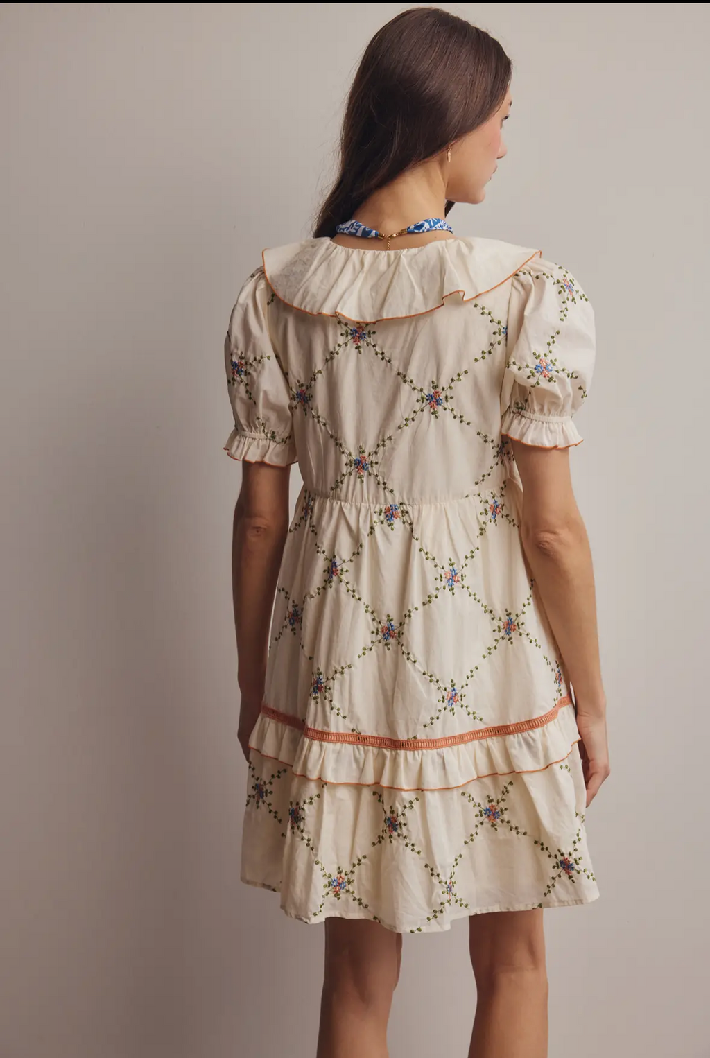 Embroidered Ruffle Collar Cotton Dress